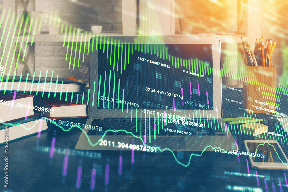 Poster Double exposure of chart and financial info and work space with computer background. Concept of international online trading.
