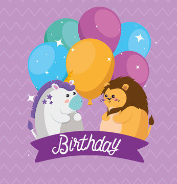 unicorn and lion animals with balloons and ribbon