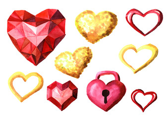 Love and romance. Hearts set. Padlock, crystal, gold. Happy Valentines Day. Watercolor hand drawn illustration, isolated on white background