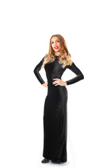 beautiful woman in black dress on white background