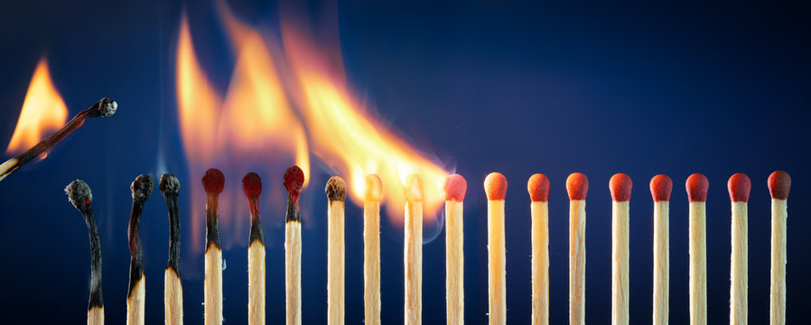 Matches Lit In Row Burning In Chain Reaction