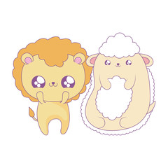 cute lion with sheep baby animals kawaii style