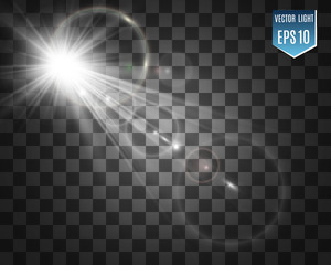 Special lens flash, light effect. The flash flashes rays and searchlight. illust.White glowing light. Beautiful star Light from the rays. The sun is backlit. Bright beautiful star. Sunlight. Glare.