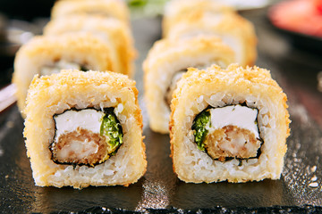 Crispy Ebi Tempura Maki Sushi Rolls or Uramaki with King Prawn