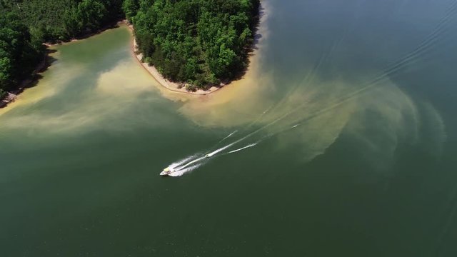 Pan left aerial, boats on Laurel River Lake