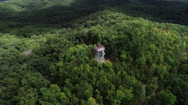 Pinnacle Knob Fire Tower in rural Kentucky forest, aerial