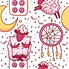 Cute sheeps vector illustration. The concept of trying to sleep, counting the sheep, insomnia, sleep disorders. Vector Seamless pattern.
