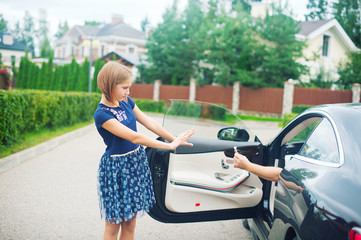 A strange dangerous man in car try to kidnap toddler lonely scared girl with candy