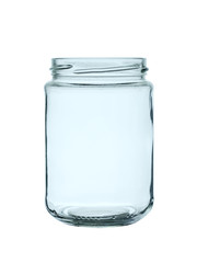 Empty glass can for canned food, isolated on a white background