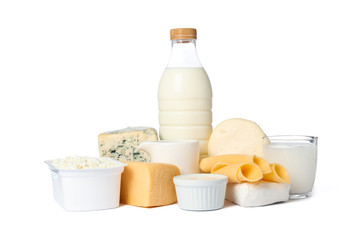 Fresh dairy products isolated on white background. Cheese, milk