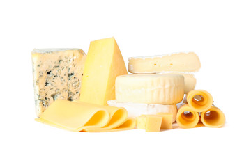 Different types of cheese isolated on white background