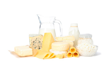 Fresh dairy products isolated on white background. Cheese, milk, butter