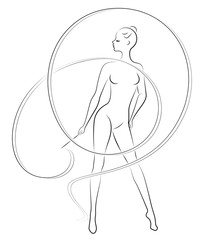 Rhythmic gymnastics. Silhouette of a girl with a ribbon. Beautiful gymnast. The woman is slim and young. Vector illustration.