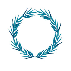 Watercolor hand drawn greenery round frame. Mint, blue tones. Watercolor style save the date card. Mediterranean tree.