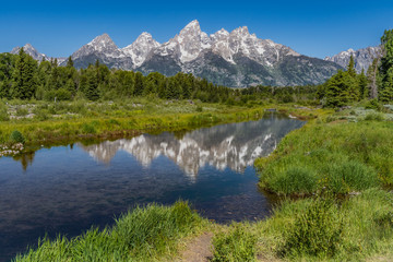 Fototapeta na wymiar Schwabacher landing with river in the foreground and grand tetons in background mid summer blue sky
