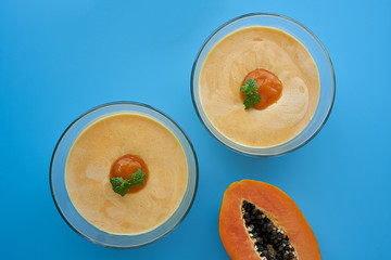 Homemade papaya mousse, homemade papaya syrup and mint leaves. Papaya Fruit