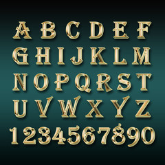 Golden alphabet and numbers on a green background.