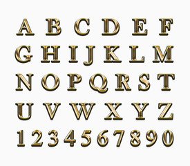 Golden alphabet and numbers on a white background.