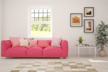 Stylish room in white color with sofa. Scandinavian interior design. 3D illustration