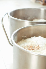 Ingredients for making dough for baking bread and baking.
