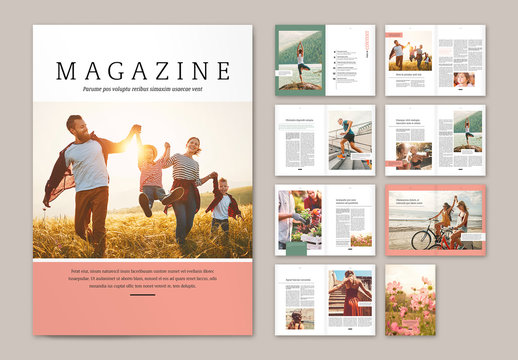 Magazine Layout with Pink and Green Elements