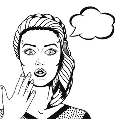 Vector Pop art surprised woman face with open mouth, thinking cloud for text. Graphic line art sketch of confused young woman thinking in comic style.