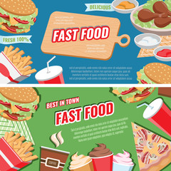 Fast food concept banner flat style, vector horizontal templates set with french fies burger soda etc