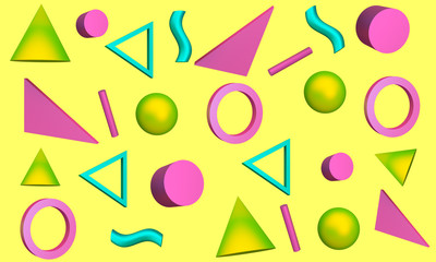 Abstract yellow background with bright graphic elements sphere, triangle, wave and cones. 3d rendering