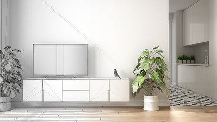 Architect interior designer concept: minimalist living room with small kitchen, parquet floor, tv cabinet, potted plant. Tiles and decors, architecture interior design concept