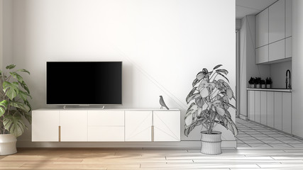 Architect interior designer concept: minimalist living room with small kitchen, parquet floor, tv cabinet, potted plant. Tiles and decors, architecture interior design concept