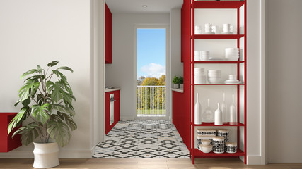 Modern white and red minimalist living room with small kitchen, parquet floor, potted plant, shelving sistem with decors, colored tiles, architecture interior design concept idea