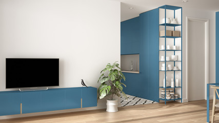 Modern blue colored minimalist living room with small kitchen, parquet floor, tv cabinet, potted plant. Scandinavian colored tiles and decors, architecture interior design concept