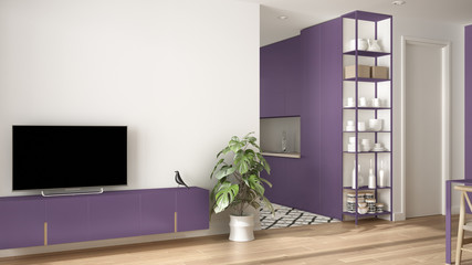 Modern violet colored minimalist living room with small kitchen, parquet floor, tv cabinet, potted plant. Scandinavian colored tiles and decors, architecture interior design concept