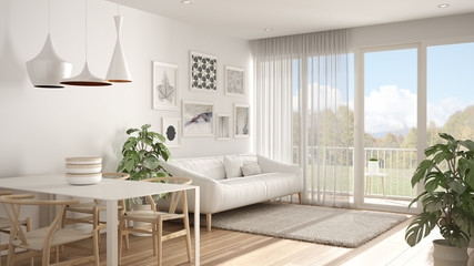 Warm and confortable scandinavian white living room with dining table, sofa and fur carpet, potted plant in minimal room with parquet floor, contemporary architecture interior design