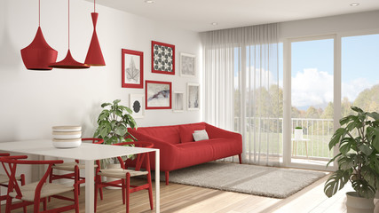 Warm and confortable colored white and red living room with dining table, sofa and fur carpet, potted plant and parquet floor, contemporary architecture interior design