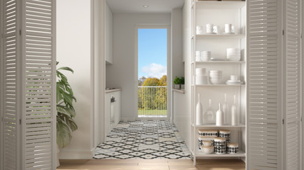 White folding door opening on scandinavian minimalist kitchen with big panoramic window, colored tiles, white interior design, architect designer concept, blur background