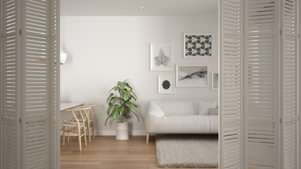 Fototapeta premium White folding door opening on scandinavian minimalist living room with big windows, sofa, dining table and carpet, white interior design, architect designer concept, blur background