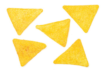 Group of five whole cheese tortilla chips flatlay isolated on white background