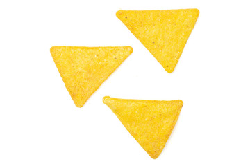 Group of three whole crispy cheese tortilla chips flatlay isolated on white background
