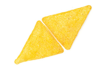 Group of two whole cheese tortilla chips one rhomb flatlay isolated on white background
