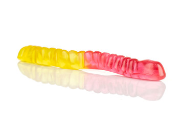 One whole colourful jelly worm candy isolated on white background