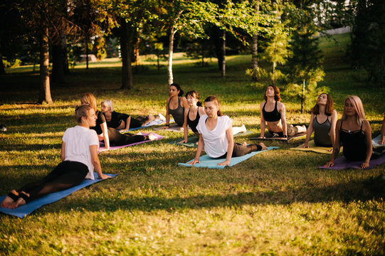 Group of young sporty people doing are yoga pose Urdhva Mukha Svanasana in city park at dawn on summer sunny morning. Group of young women are activity meditating on Upward Facing Dog position