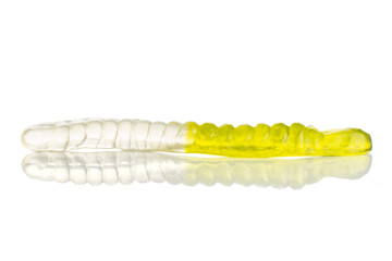 One whole green white colourful jelly worm candy isolated on white background