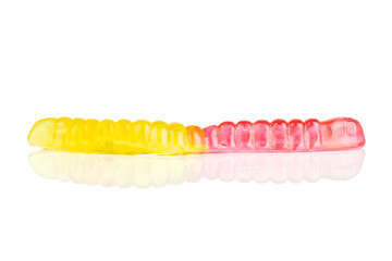 One whole crimson yellow colourful jelly worm candy isolated on white background