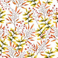 Seamless pattern with watercolor sprigs, leaves, berries. Illustration isolated on white. Hand drawn foliage perfect for wallpaper, vintage design, poster, fabric textile