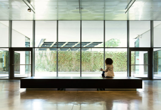 Fototapeta Rear view of young businesswoman with takeaway coffee sitting on a bench