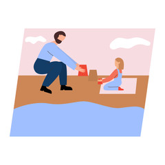 Cute pair of father and daughter spending time together - building sand palace. Happy fatherhood. Flat cartoon vector illustration