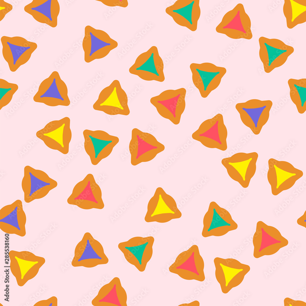 Poster purim seamless pattern with hamantaschen cookies in cartoon style. textile ornament with hamantasche