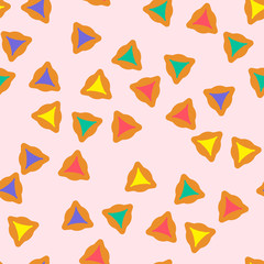 Purim seamless pattern with hamantaschen cookies in cartoon style. Textile ornament with hamantaschen cookies on light background. Design for the decoration of the Jewish holiday of Purim.