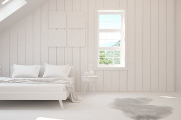 Modern bedroom in white color. Scandinavian interior design. 3D illustration